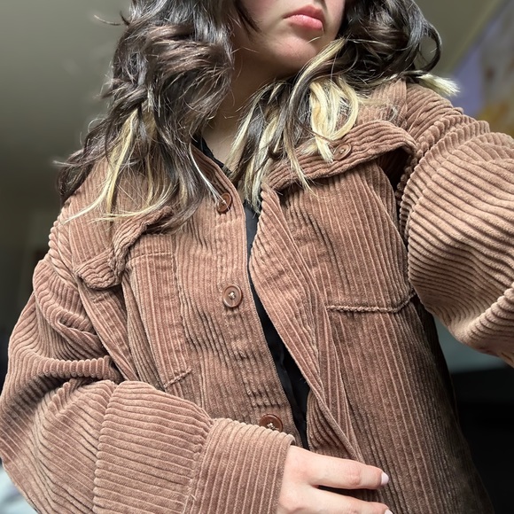forever 21 contemporary brown velvet ribbed collared jacket button up neutral - Picture 3 of 4